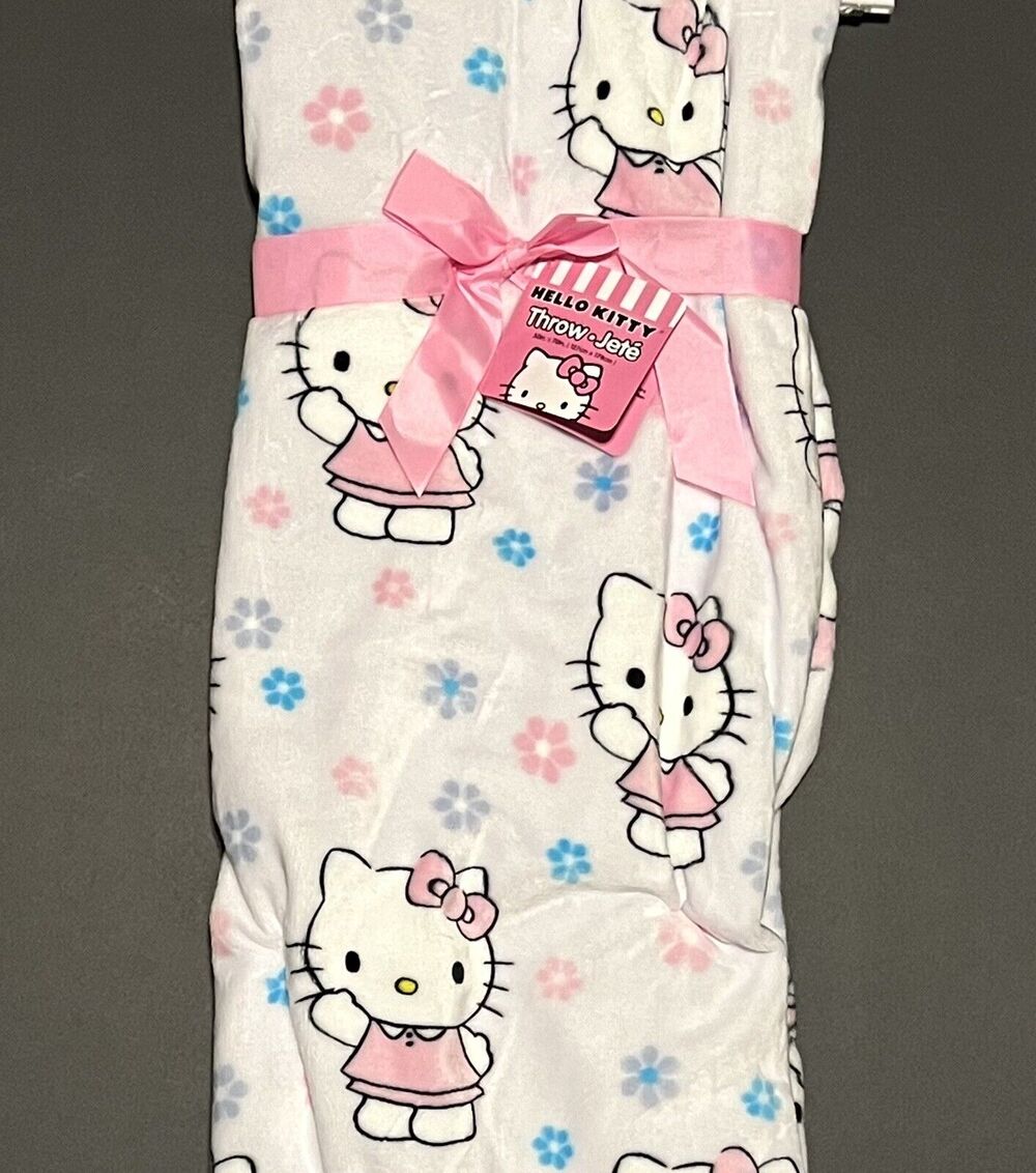 Hello Kitty Throw Blanket Spring Blue Pink Flowers Plush Fleece 50 X 70” Easter